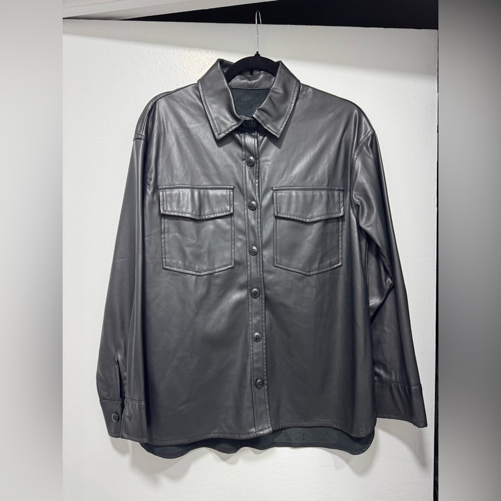 Black Faux Leather Button-Up Shirt